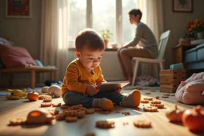 Enfant dans un salon désordonné regardant une tablette