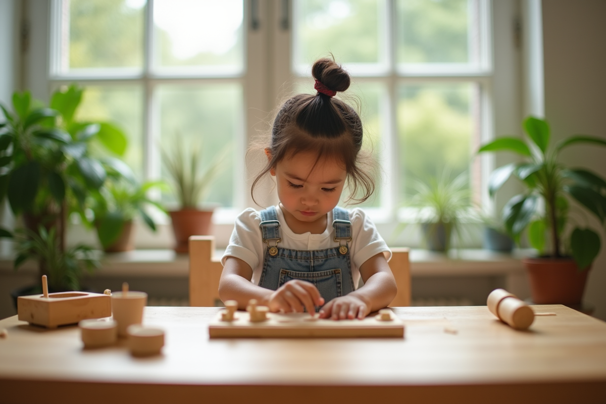 Enfant concentré travaillant seul dans une classe Montessori