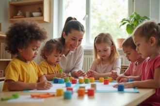 Groupe d'enfants en classe Montessori avec enseignante