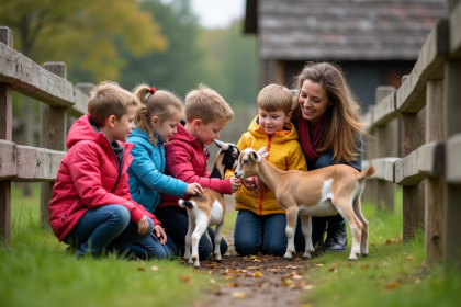 Enfants caressant des ch&egrave;vres dans une ferme &eacute;ducative