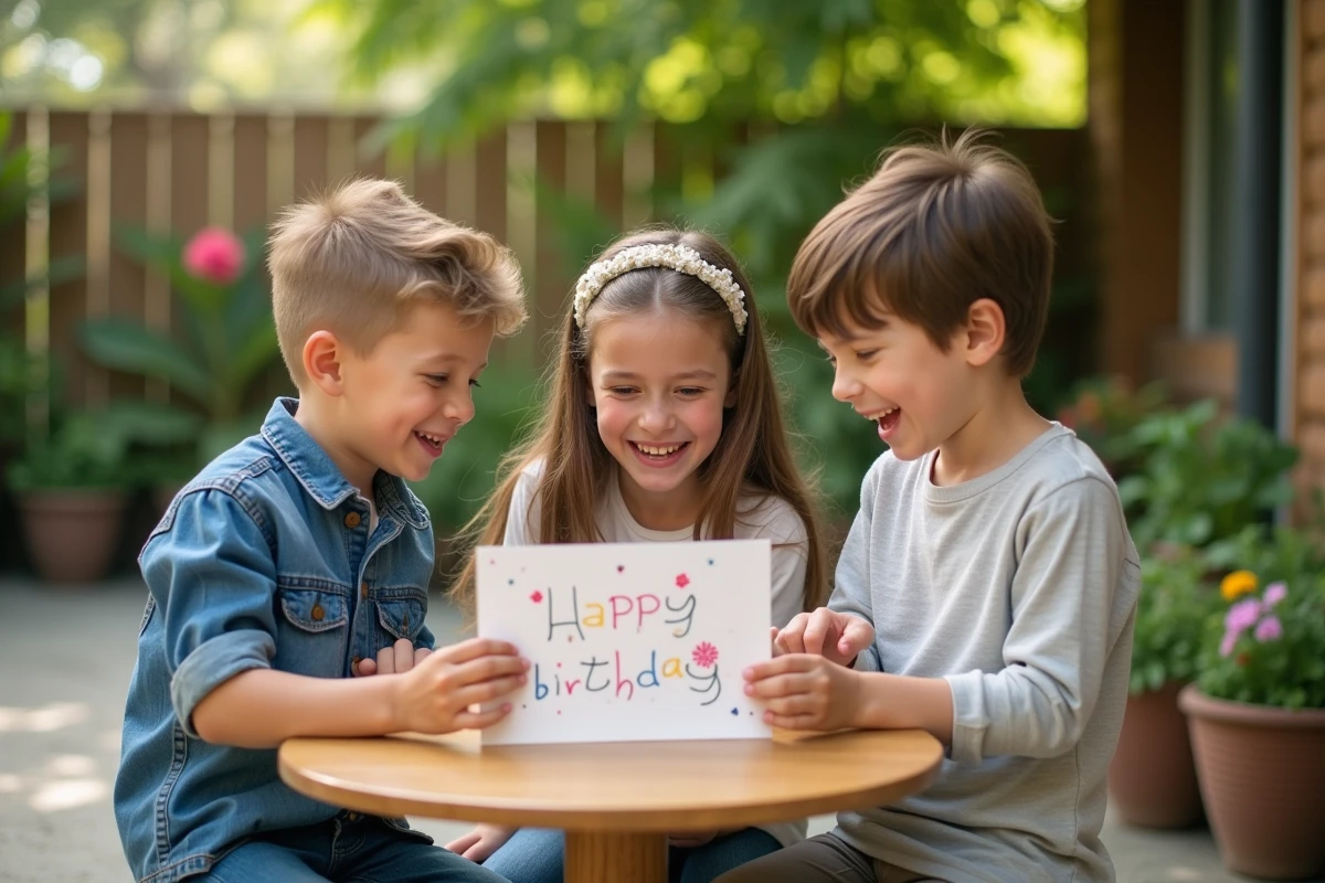 Groupe d'enfants de 8 ans lisant ensemble une carte d'anniversaire écrite à la main dans un jardin lors d'une fête