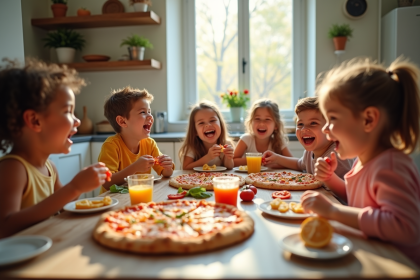 Enfants heureux mangeant des pizzas maison colorées