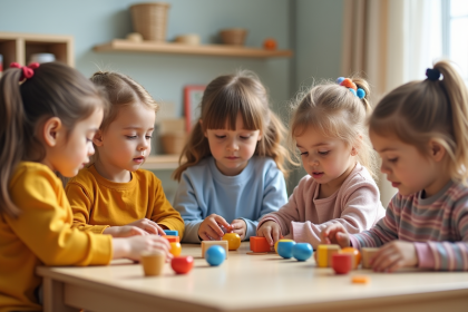 Groupe d'enfants Montessori en activité dans une classe lumineuse