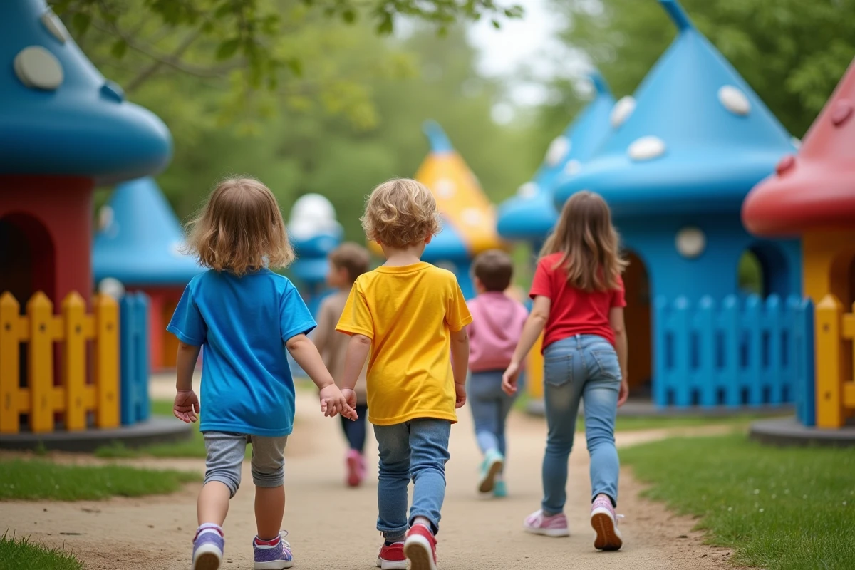 Enfants jouant dans le village des Schtroumpfs au parc