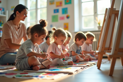 Jeunes enfants peignant en classe lumineuse avec une enseignante