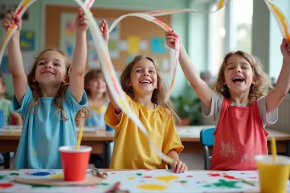 Enfants souriants avec papiers colorés dans une classe