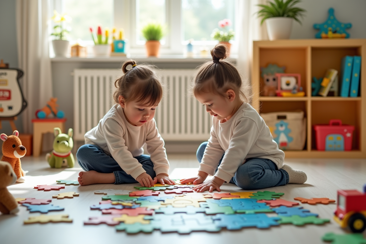 Deux enfants de 4 ans collaborent sur un puzzle au sol lumineux