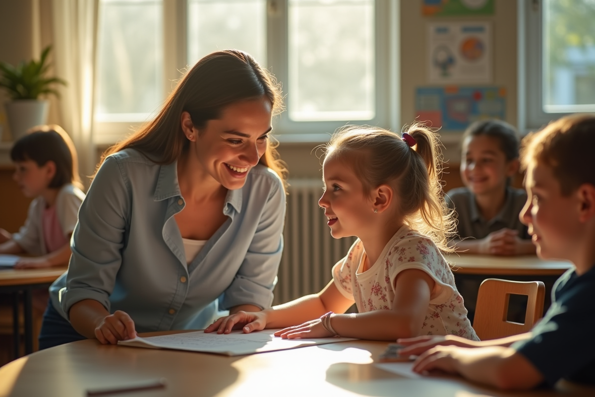 Enseignante encourageant une élève concentrée en classe