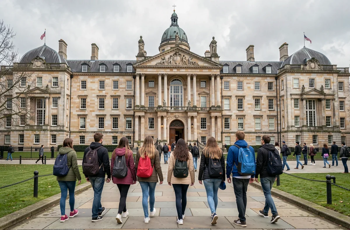 Étudiants marchant devant un bâtiment universitaire à Londres
