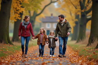 Famille souriante en forêt automnale en France