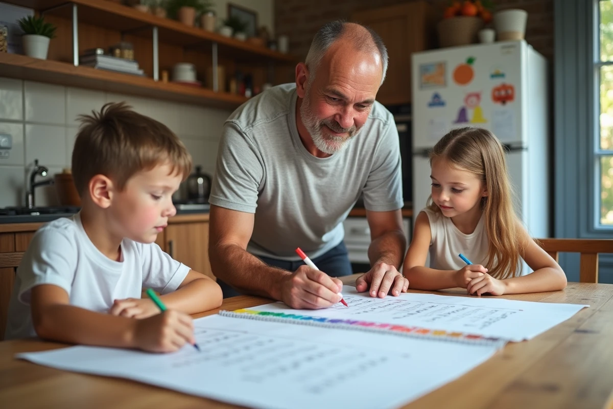 Famille avec calendrier et marqueurs dans la cuisine