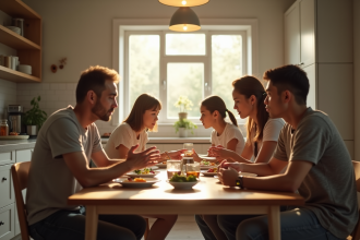 Famille autour d'une table de cuisine en tension