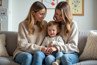 Deux femmes souriantes avec un enfant dans un salon lumineux