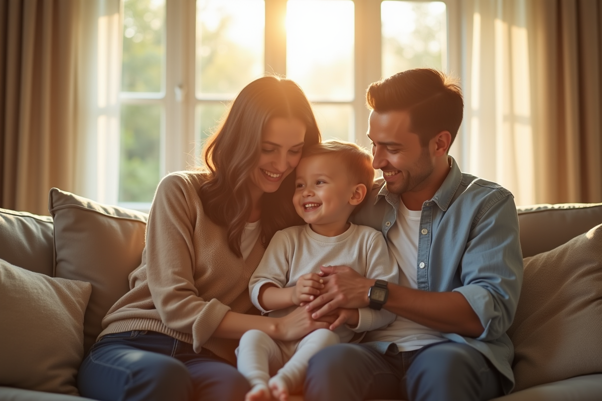 Famille heureuse dans le salon en lumière naturelle