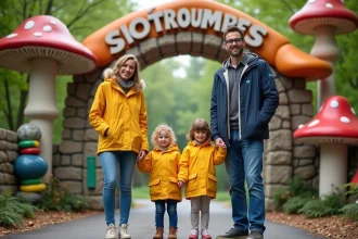 Famille souriante devant l'entrée du parc des Schtroumpfs à Metz
