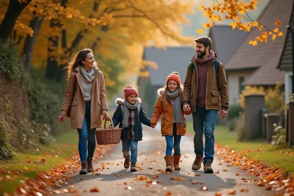 Famille heureuse en balade automnale dans la campagne