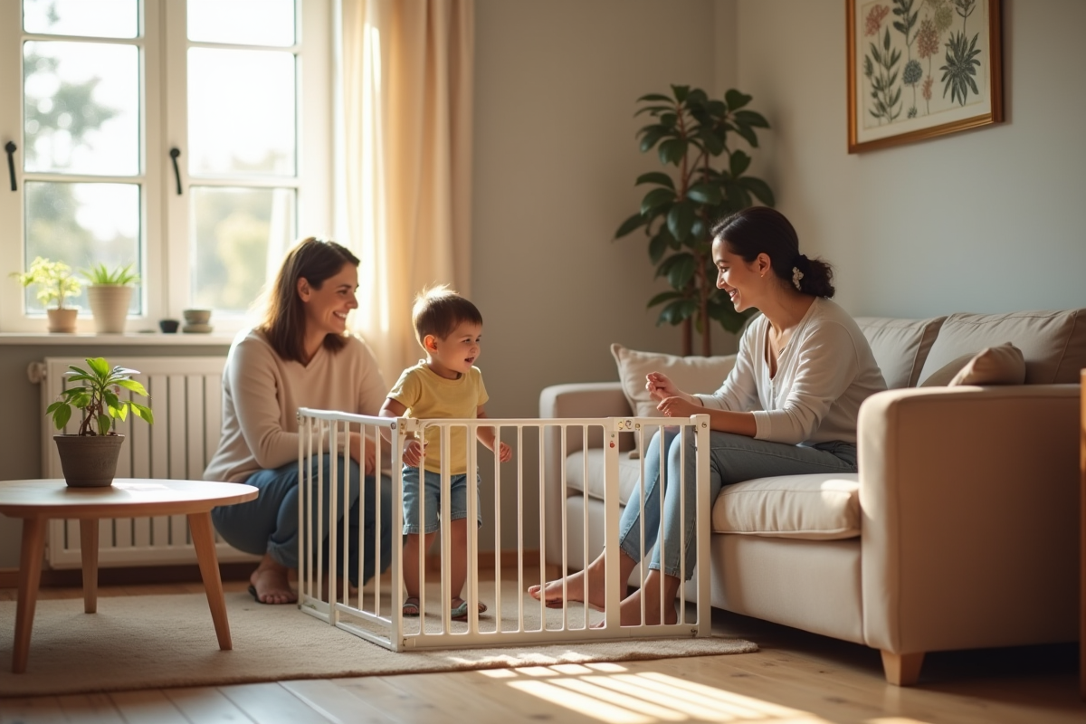 Famille heureuse discutant dans le salon avec barrière de sécurité
