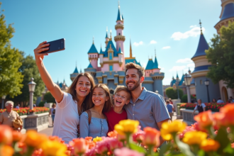 Famille souriante prenant un selfie devant le château de la Belle au bois dormant à Disneyland Paris