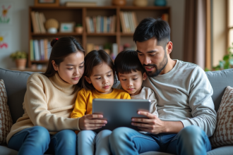 Famille de quatre regardant une tablette ensemble dans le salon