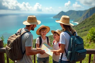 Famille en vacances avec carte dans un paysage montagne et océan