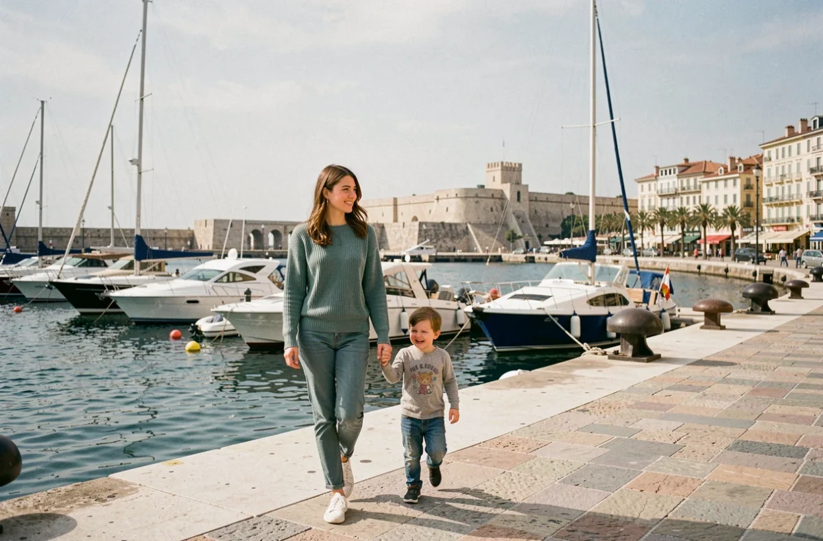 Une baby-sitter de Family Sphere Marseille se promène avec un enfant au bord du Vieux-Port