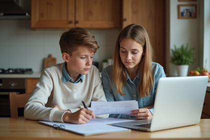 Femme et adolescente examinant des factures scolaires &agrave; la maison
