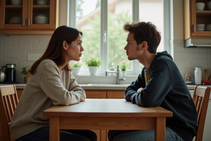 Femme et adolescent assis &agrave; la cuisine tension visible