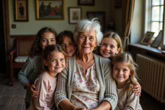 Femme âgée entourée d'enfants dans un intérieur chaleureux