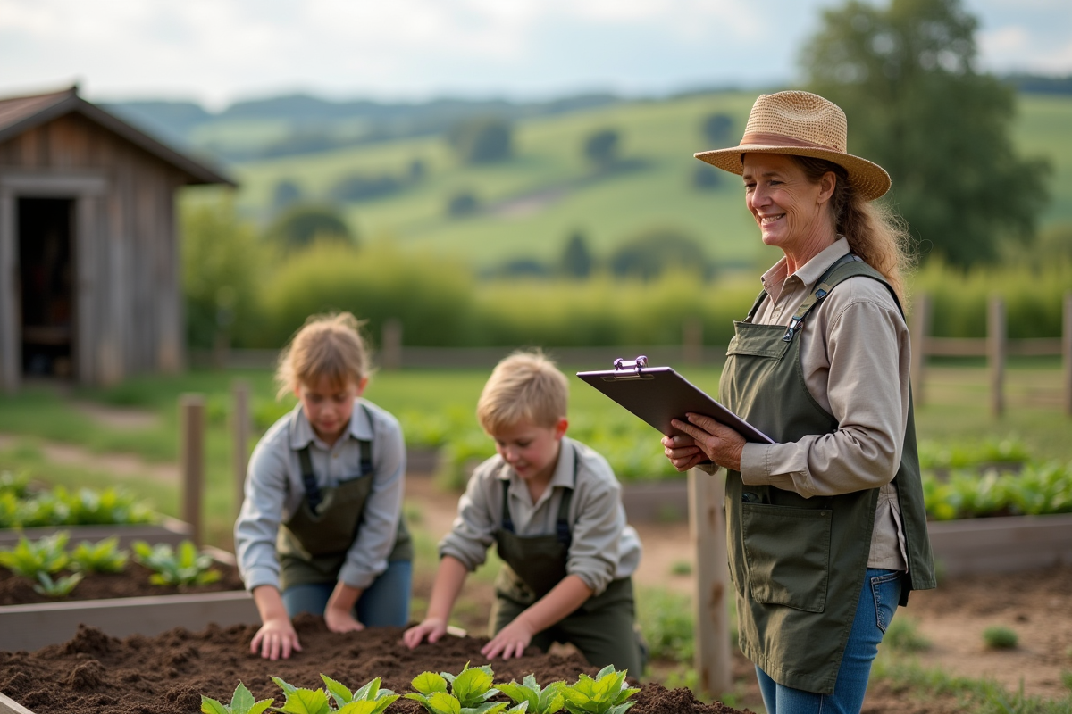 Femme agricultrice observant les enfants planter des semis