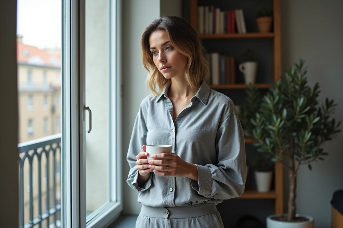 Femme élégante tenant un café près d'une fenêtre dans un appartement parisien, évoquant la solitude et la sérénité après une rupture de couple
