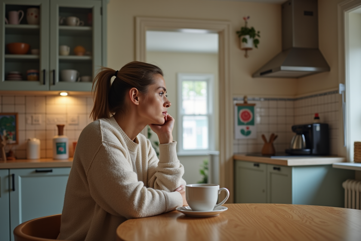 Femme assise à la cuisine regardant vers la porte ouverte