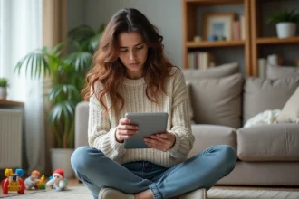 Femme assise sur le sol de son salon en train de lire un blog parental