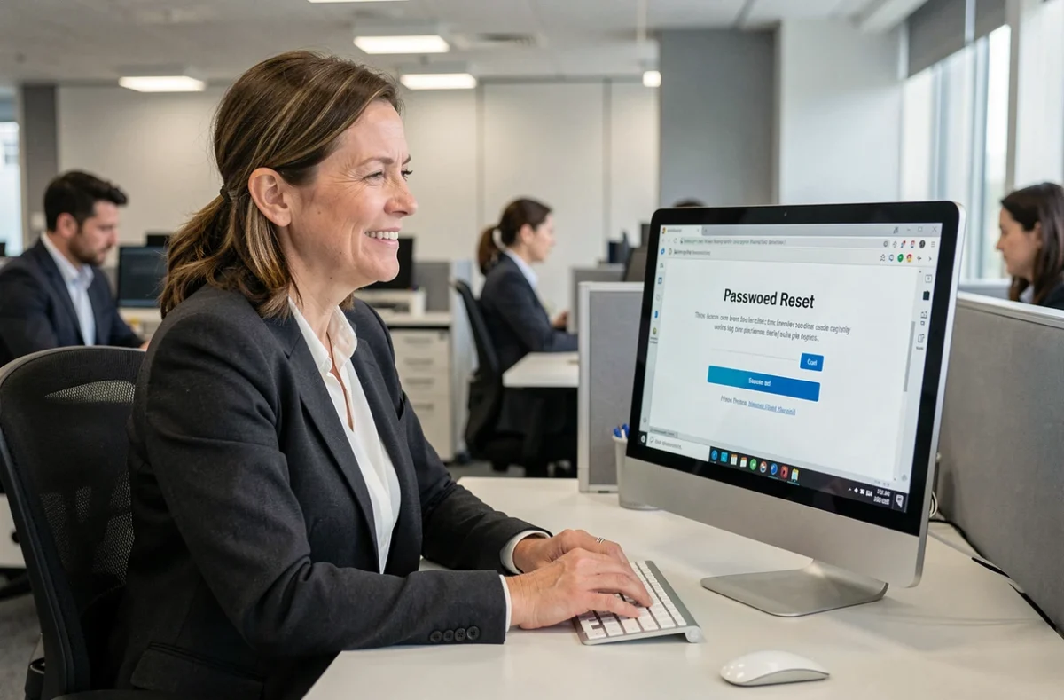 Femme en bureau réinitialisant son mot de passe sur le site Orchestra mon compte