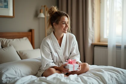Femme souriante recevant un cadeau dans une chambre chaleureuse