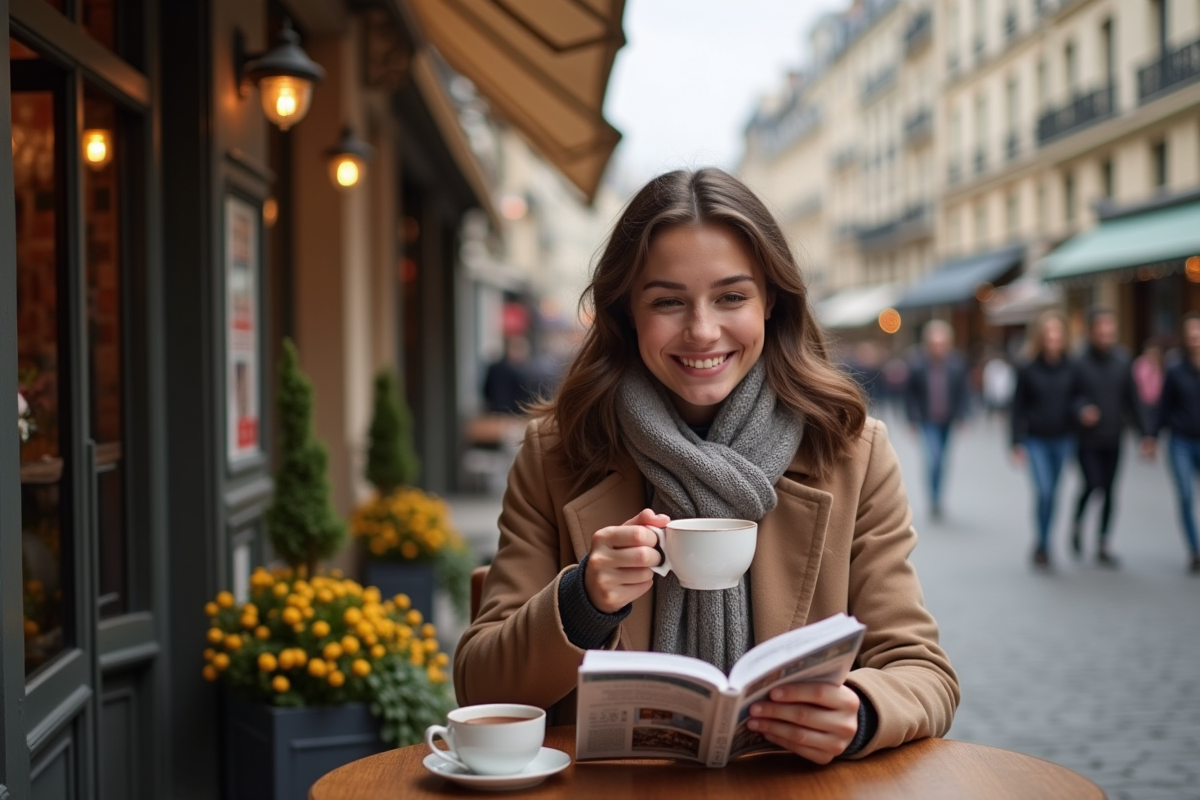 Jeune femme dégustant chocolat dans un café parisien