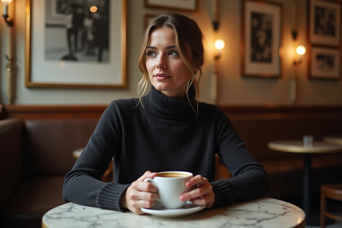 Femme seule dans un café parisien traditionnel tenant une tasse d'espresso, représentant la frontière entre vie publique et intimité personnelle