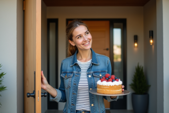 Femme souriante tenant un gâteau devant une maison moderne