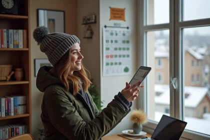 Jeune femme souriante regarde un calendrier de vacances dans un appartement