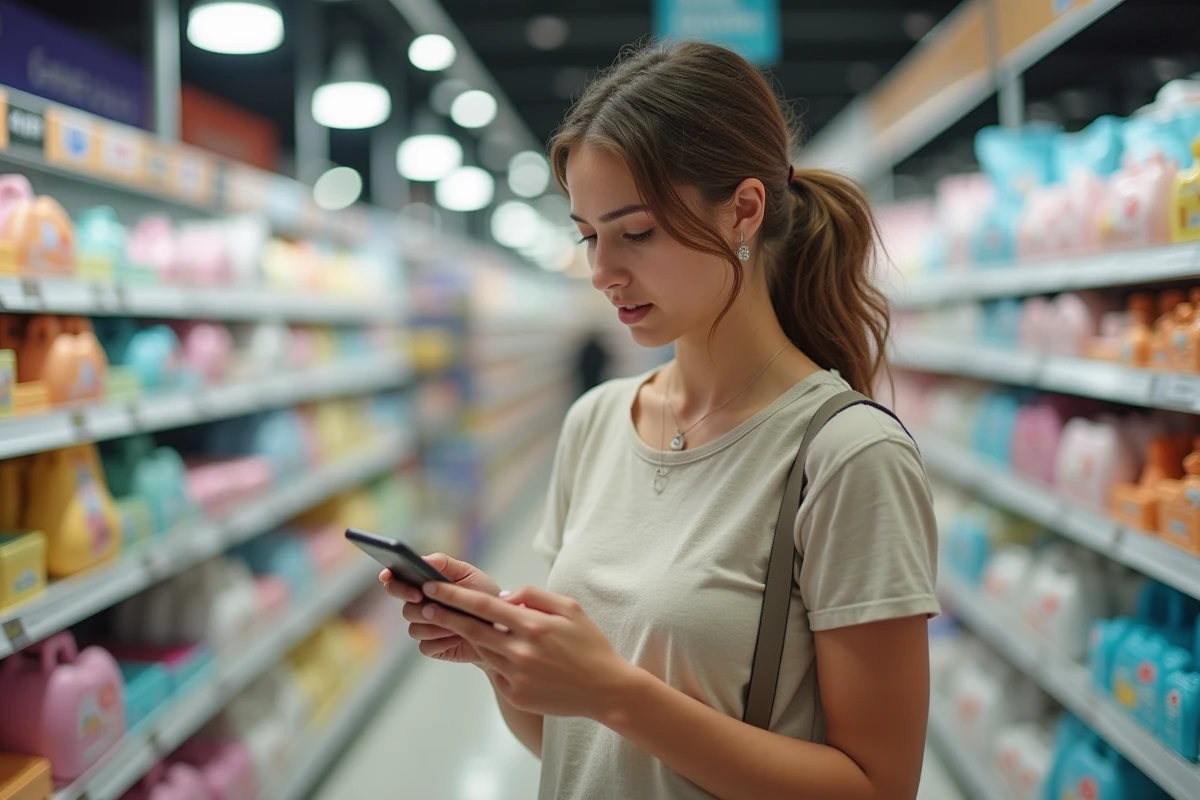 Jeune femme comparant deux produits pour bébé en magasin