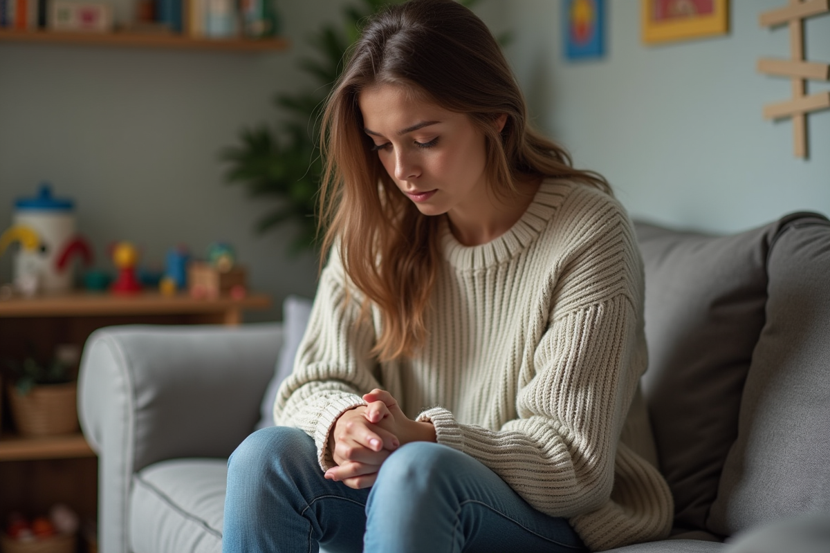 Femme assise dans un salon familial avec un regard pensif