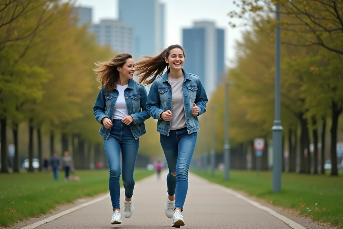 Jeune femme riant en courant dans un parc urbain