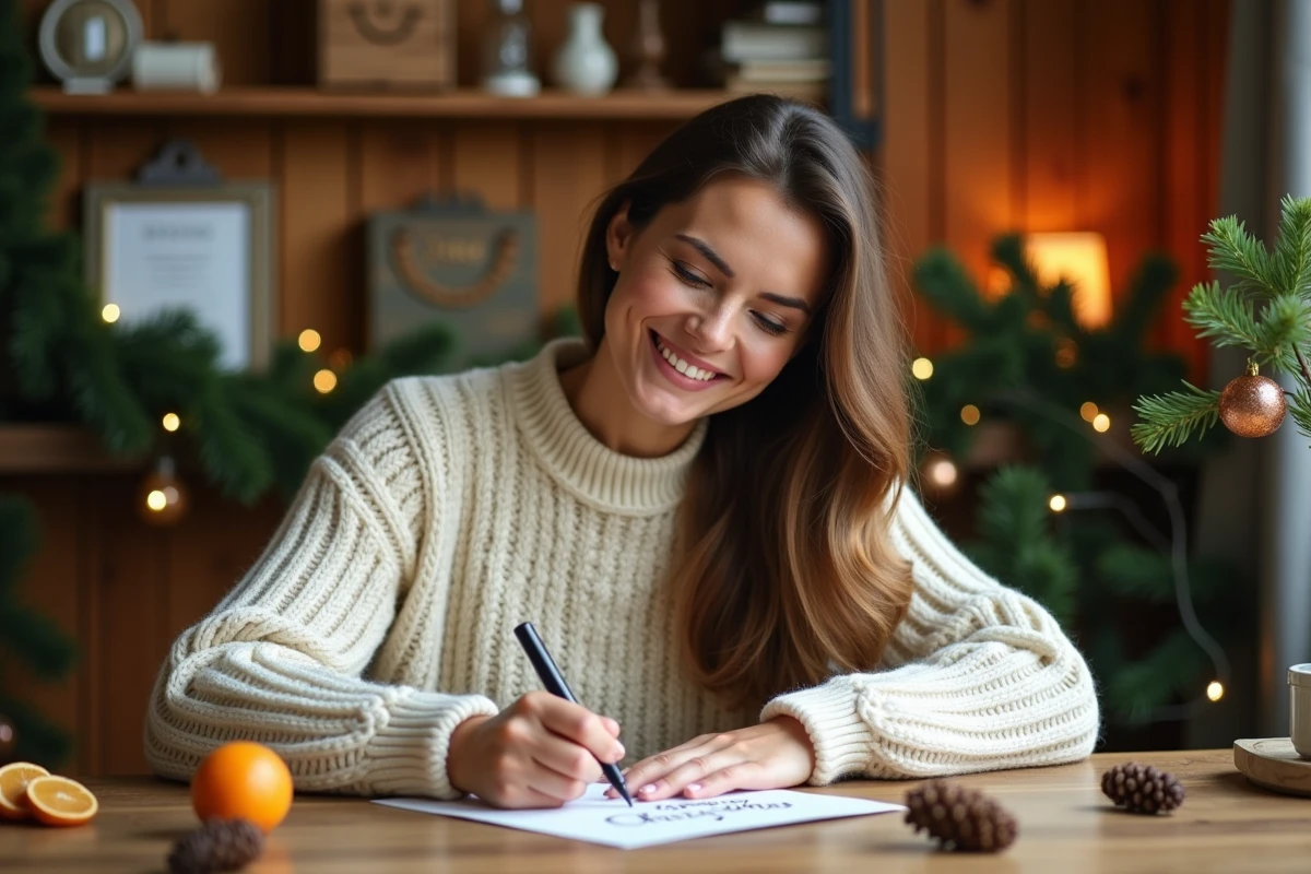 Femme en pull blanc crémeuse en train d'écrire une carte de Noël originale à imprimer à la main sur un bureau en bois rustique décoré de branches de sapin et de pommes de pin