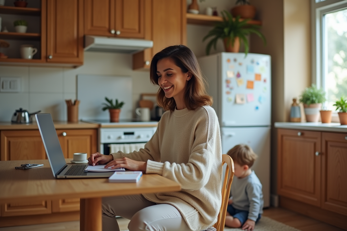 Femme assise en cuisine avec ordinateur et enfant