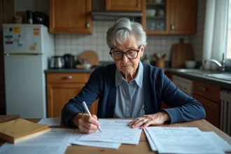 Femme d'âge mûr consultant des documents administratifs liés au RSA majoré à sa table de cuisine