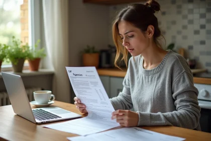 Femme consultant des documents CAF et Pajemploi à une table de cuisine en bois, ordinateur portable ouvert, démarches administratives garde d'enfant