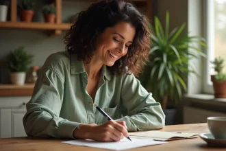 Femme écrivant un message d'anniversaire sur une carte papier à une table en bois rustique, ambiance chaleureuse et intimiste