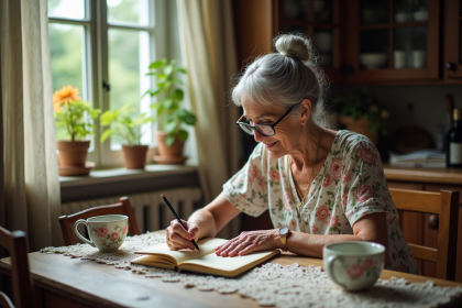 Femme &acirc;g&eacute;e lisant dans une cuisine chaleureuse