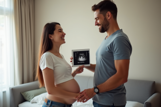 Femme enceinte souriante tenant une échographie avec son partenaire