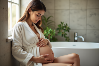 Jeune femme enceinte dans un bain moderne et cosy