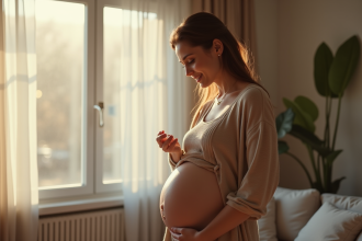 Femme enceinte tenant une bola de grossesse dans un salon lumineux